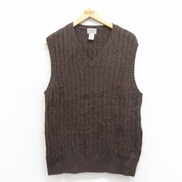 M★古着 エルエルビーン LLBEAN ケーブル ニット ベスト メンズ 00年代 00s ラムウール こげ茶 ブラウン 25oct08 中古 トップス