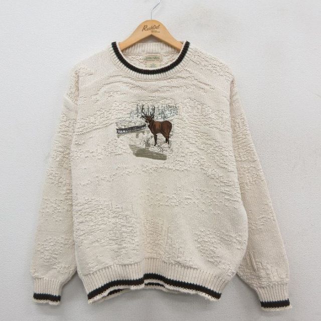 セントジョンズベイ 90s 長袖セーター シカ刺繍 生成り ベージュ XL | 古着