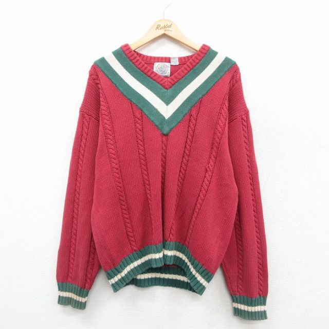XL★古着 長袖 ケーブル チルデン セーター メンズ 90年代 90s コットン Vネック エンジ他 25oct09 中古 ニット トップス