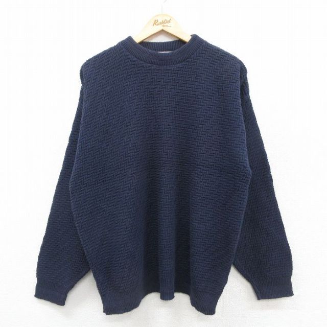 L★古着 長袖 セーター メンズ 90年代 90s コットン クルーネック USA製 濃紺 ネイビー 25oct09 中古 ニット トップス