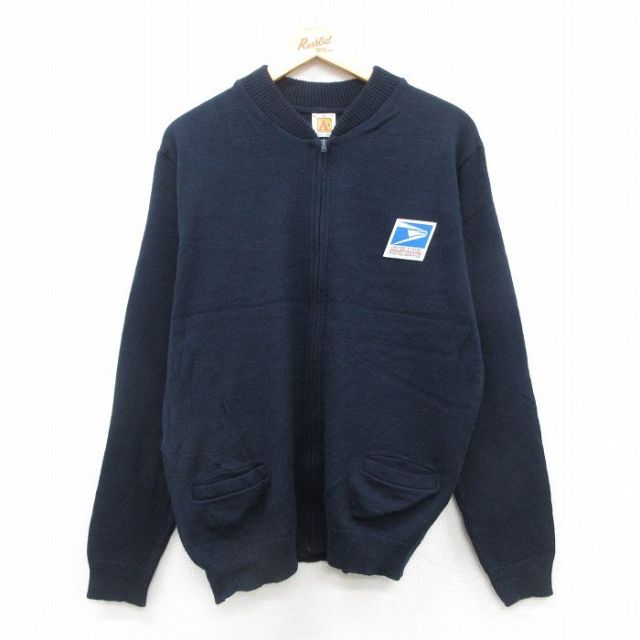 XL★古着 長袖 フルジップ ニット カーディガン メンズ 90年代 90s USPS アクリル 濃紺 ネイビー 【spe】 25oct09 中古 トップス
