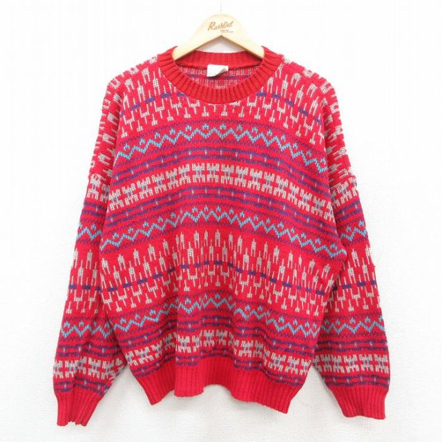 XL★古着 長袖 セーター メンズ 90年代 90s 大きいサイズ アクリル クルーネック USA製 赤他 レッド 25oct09 中古 ニット トップス