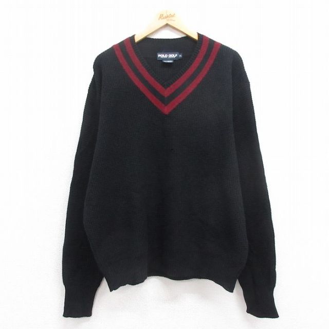 XL★古着 ラルフローレン Ralph Lauren ポロゴルフ 長袖 ブランド セーター メンズ 90年代 90s Vネック 黒 ブラック 25oct09 中古 ニット トップス