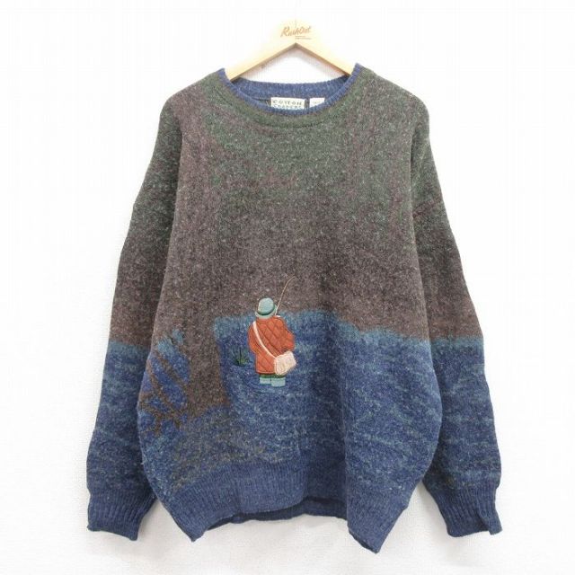 L★古着 長袖 セーター メンズ 90年代 90s 釣り 刺繍 クルーネック 濃緑他 グリーン 25oct09 中古 ニット トップス