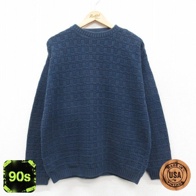 【50%OFF】90s 長袖セーター 手織り ネイビー L | 古着