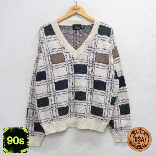 90s 長袖セーター チェック ホワイト L | 古着
