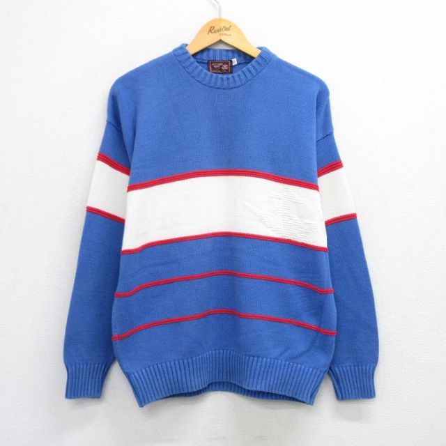 L★古着 長袖 セーター メンズ 80年代 80s コットン クルーネック USA製 青他 ブルー 25oct10 中古 ニット トップス