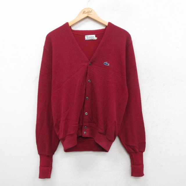 M★古着 ラコステ LACOSTE 長袖 ニット カーディガン メンズ 80年代 80s ワンポイントロゴ アクリル エンジ系 25oct10 中古 トップス