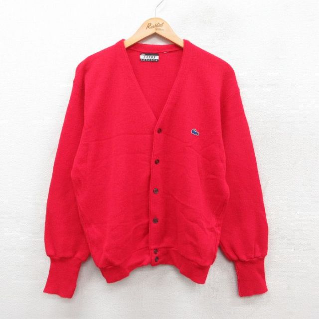 L★古着 ラコステ LACOSTE IZOD 長袖 ニット カーディガン メンズ 80年代 80s ワンポイントロゴ 赤 レッド 25oct10 中古 トップス