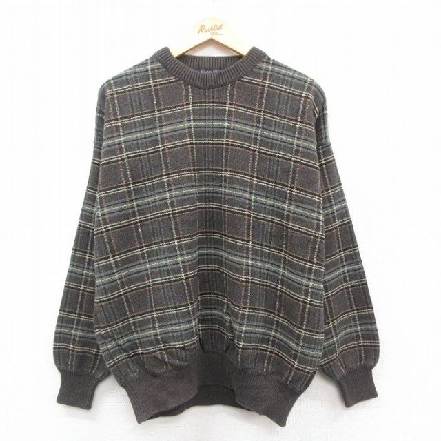 【20%OFF】XL★古着 GANT 長袖 セーター メンズ 90年代 90s コットン クルーネック 濃グレー系他 チェック 25oct10 中古 ニット トップス