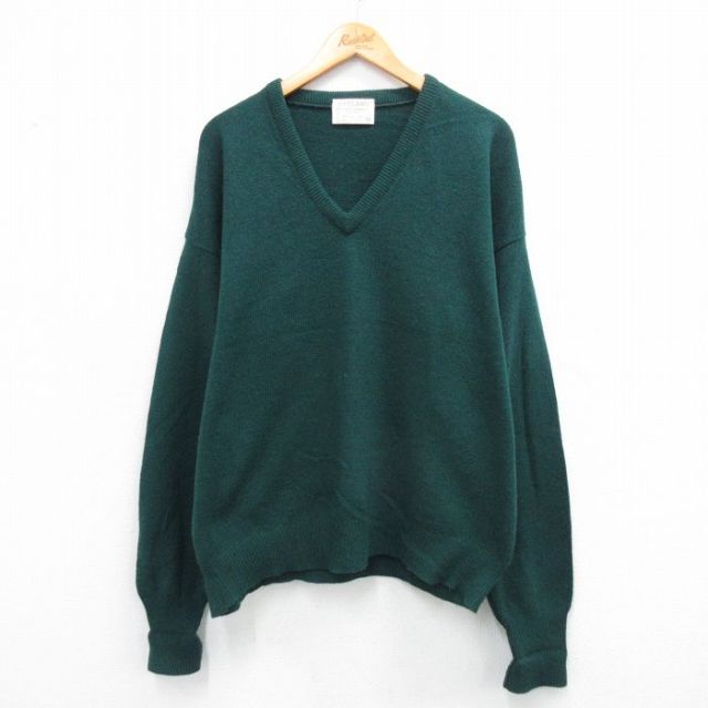XL★古着 長袖 セーター メンズ 80年代 80s ラムウール Vネック USA製 緑 グリーン 25oct10 中古 ニット トップス