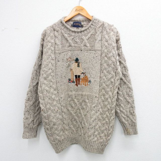 M★古着 長袖 ケーブル セーター メンズ 90年代 90s 犬 ウール クルーネック グレー系 【spe】 25oct10 中古 ニット トップス