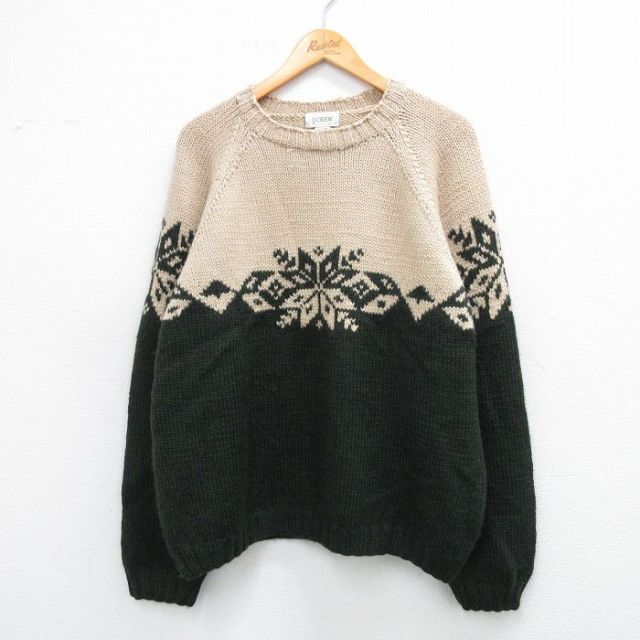 XL★古着 ジェイクルー J.CREW 長袖 セーター メンズ 雪柄 ハンドニット 手編み ラグラン ウール クルーネック ベージュ他 カーキ 【spe】 25oct10 中古 ニット トップス