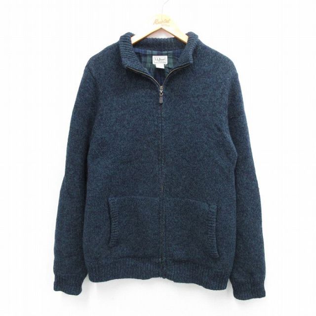 M★古着 エルエルビーン LLBEAN 長袖 フルジップ ドライバーズ ニット カーディガン メンズ 00年代 00s ラムウール 緑他 グリーン 内側フランネル 25oct10 中古 トップス