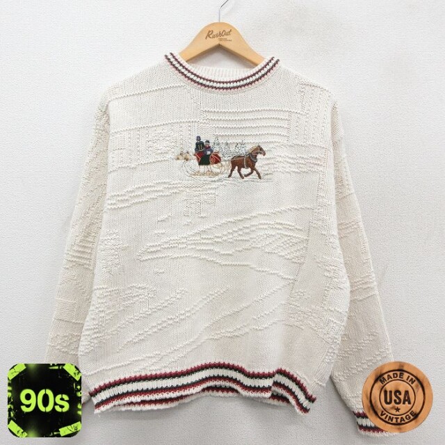 90s 長袖セーター 馬車刺繍 生成り ベージュ メンズL相当 | 古着