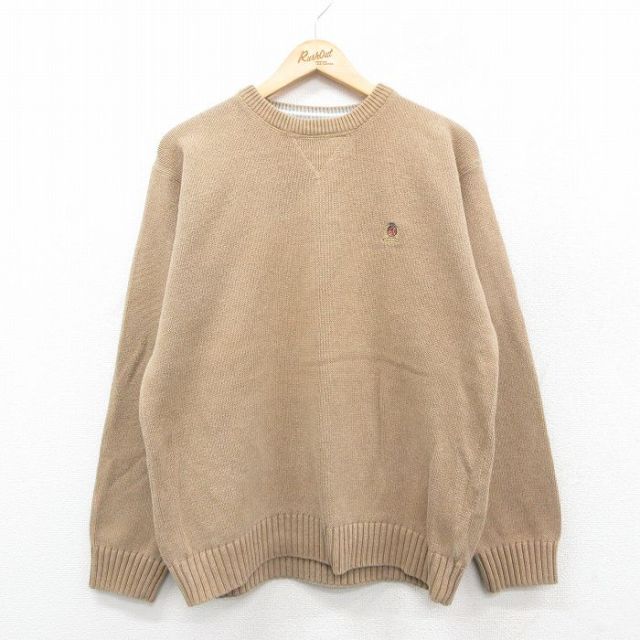 L★古着 トミーヒルフィガー TOMMY HILFIGER 長袖 ブランド セーター メンズ 90年代 90s ワンポイントロゴ コットン クルーネック 茶系 ブラウン 25oct11 中古 ニット トップス