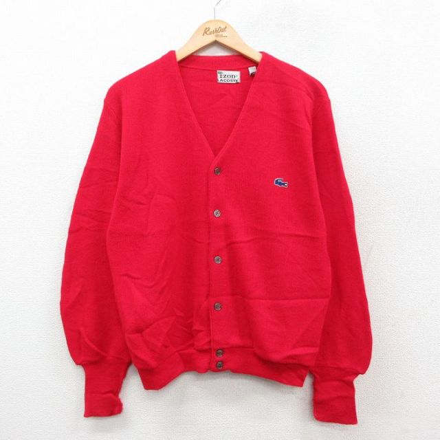 M★古着 ラコステ LACOSTE IZOD 長袖 ニット カーディガン メンズ 80年代 80s ワンポイントロゴ アクリル USA製 赤 レッド 25oct11 中古 トップス