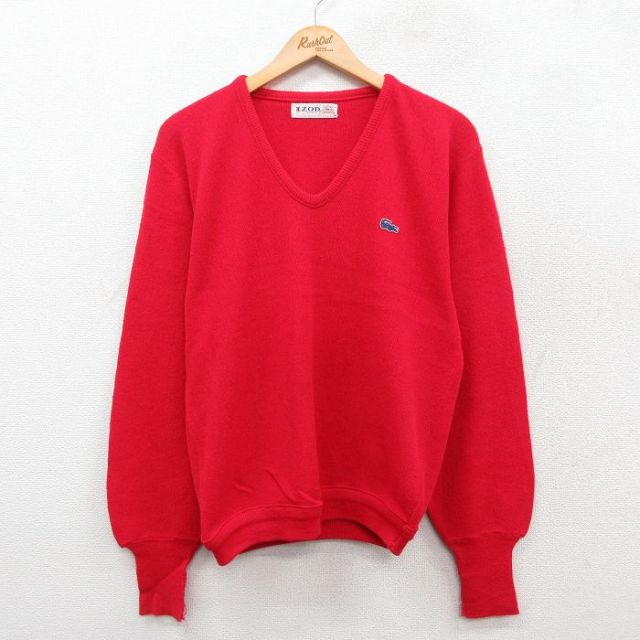 M★古着 ラコステ LACOSTE IZOD 長袖 セーター メンズ 70年代 70s ワンポイントロゴ アクリル Vネック USA製 赤 レッド 25oct11 中古 ニット トップス