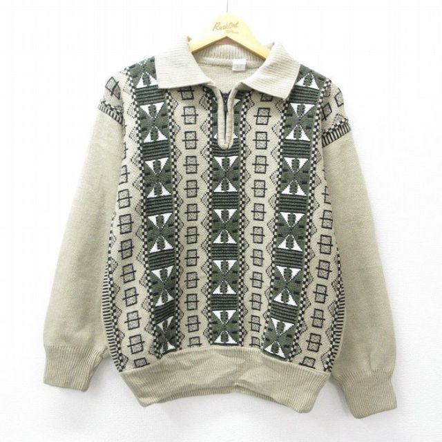 M★古着 長袖 セーター メンズ 80年代 80s 襟付き 薄緑系他 グリーン 25oct11 中古 ニット トップス