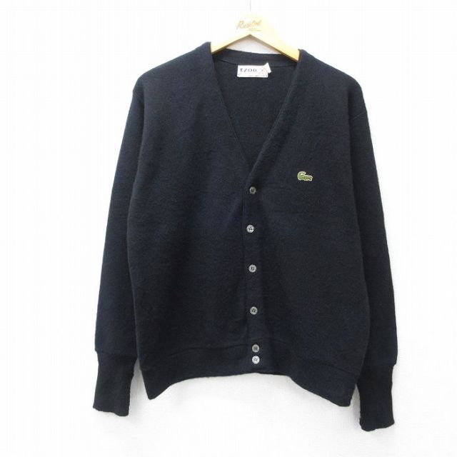 M★古着 IZOD 長袖 ニット カーディガン メンズ 80年代 80s ワンポイントロゴ アクリル USA製 黒 ブラック 25oct11 中古 トップス