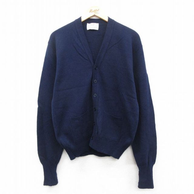 M★古着 長袖 ニット カーディガン メンズ 80年代 80s ウール USA製 濃紺 ネイビー 25oct14 中古 トップス