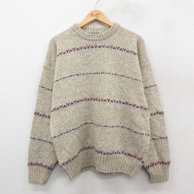 L★古着 エディーバウアー 長袖 セーター メンズ 90年代 90s ウール クルーネック ベージュ カーキ 【spe】 25oct14 中古 ニット トップス