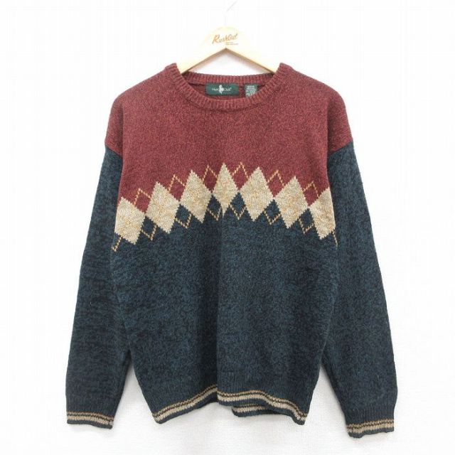 【20%OFF】L★古着 長袖 セーター メンズ 90年代 90s アーガイル クルーネック 緑系他 グリーン 25oct14 中古 ニット トップス