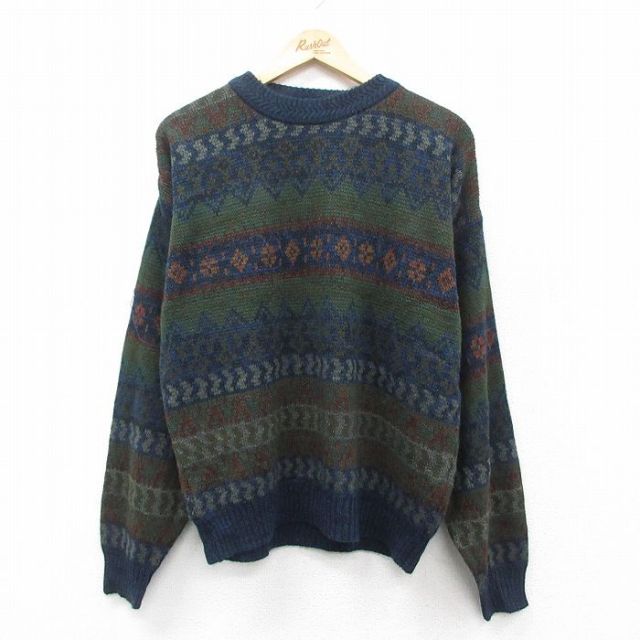 L★古着 シアーズ 長袖 セーター メンズ 90年代 90s フェアアイル アクリル クルーネック 濃紺他 ネイビー 25oct17 中古 ニット トップス