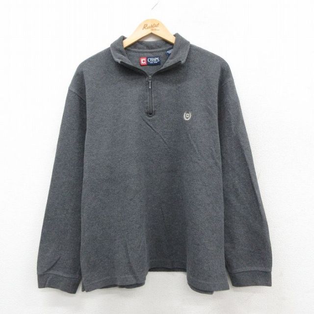 XL★古着 チャップス 長袖 ハーフジップ セーター メンズ ワンポイントロゴ 大きいサイズ コットン グレー 霜降り 25oct17 中古 ニット トップス