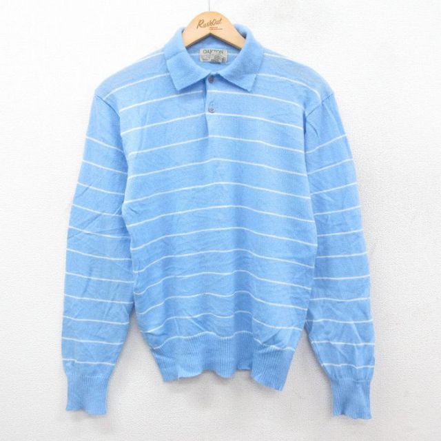 S★古着 長袖 セーター メンズ 90年代 90s 襟付き アクリル 水色他 ボーダー 25oct17 中古 ニット トップス