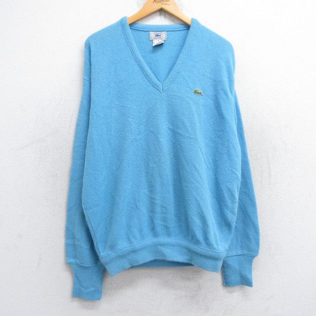 XL★古着 ラコステ LACOSTE IZOD 長袖 ブランド セーター メンズ 90年代 90s ワンポイントロゴ アクリル Vネック 水色 25oct20 中古 ニット トップス