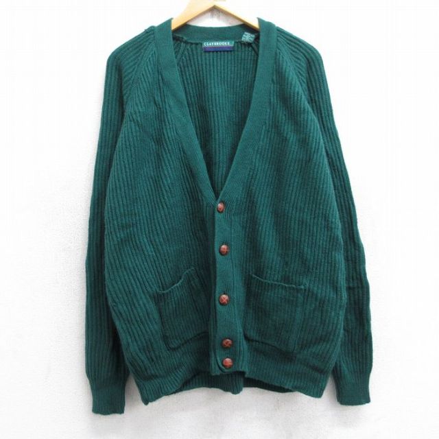 XL★古着 長袖 ニット カーディガン メンズ 00年代 00s 無地 ラグラン アクリル 緑 グリーン 25oct20 中古 トップス