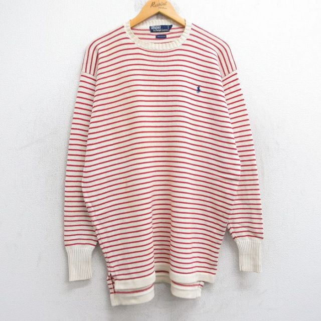 L★古着 ラルフローレン Ralph Lauren 長袖 ブランド セーター メンズ 90年代 90s ワンポイントロゴ コットン クルーネック 生成り他 ボーダー 25oct20 中古 ニット トップス