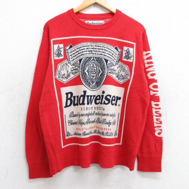 L★古着 長袖 セーター メンズ バドワイザー ビール クルーネック 赤 レッド 25oct20 中古 ニット トップス