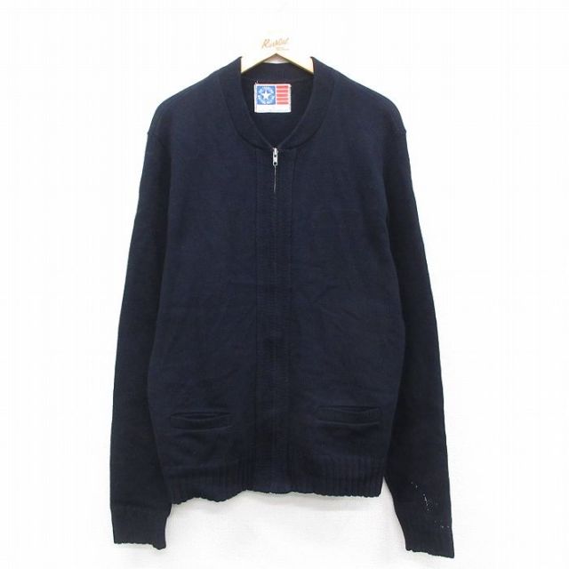 【50%OFF】ニット カーディガン 90s 長袖フルジップ ネイビー L | 古着