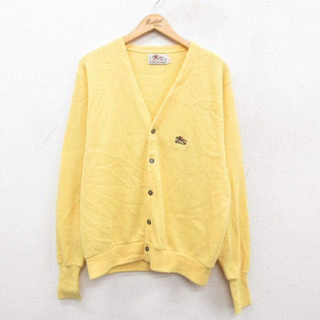 L★古着 長袖 ニット カーディガン メンズ 90年代 90s 馬 アクリル USA製 黄 イエロー 25oct20 中古 トップス