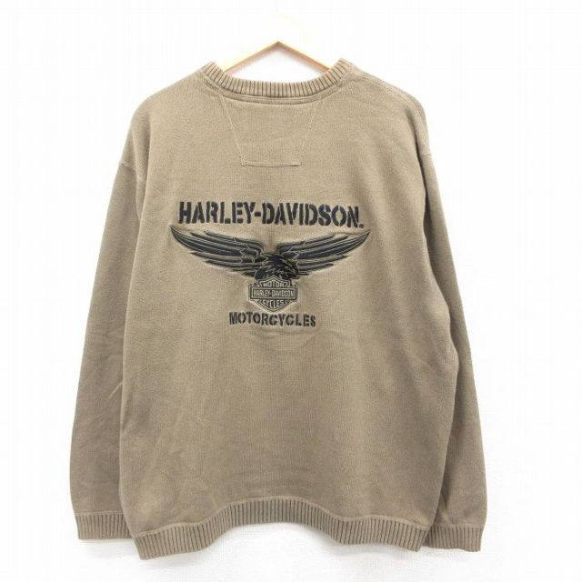 XL★古着 ハーレーダビッドソン Harley Davidson 長袖 セーター メンズ ビッグロゴ 刺繍 大きいサイズ コットン クルーネック 緑系 グリーン 【spe】 25oct20 中古 ニット トップス