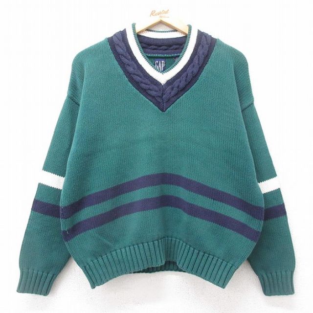 L★古着 ギャップ GAP 長袖 チルデン セーター メンズ 90年代 90s コットン Vネック 緑他 グリーン 25oct22 中古 ニット トップス