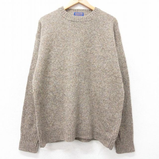 XL★古着 ペンドルトン PENDLETON 長袖 セーター メンズ シェットランドウール クルーネック 茶 ブラウン 25oct22 中古 ニット トップス