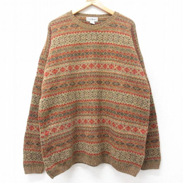 XL★古着 エルエルビーン LLBEAN 長袖 セーター メンズ 90年代 90s フェアアイル 大きいサイズ ウール クルーネック スコットランド製 茶他 ブラウン 【spe】 25oct22 中古 ニット トップス