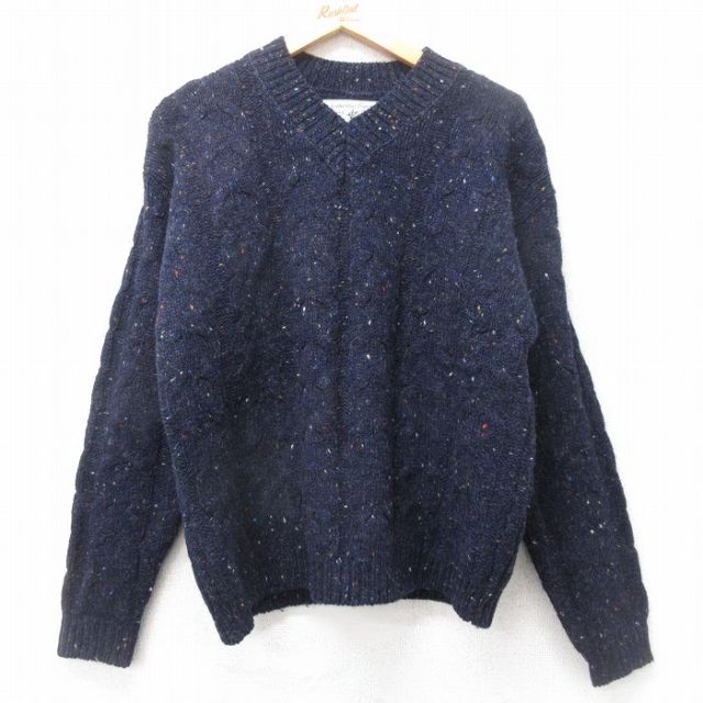 M★古着 ギャップ GAP 長袖 ケーブル セーター メンズ 00年代 00s ウール Vネック 紺他 ネイビー 25oct22 中古 ニット トップス