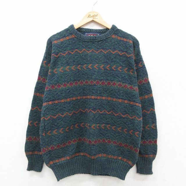 L★古着 ラルフローレン Ralph Lauren チャップス 長袖 ブランド セーター メンズ 80年代 80s コットン クルーネック USA製 緑他 グリーン 【spe】 25oct22 中古 ニット トップス