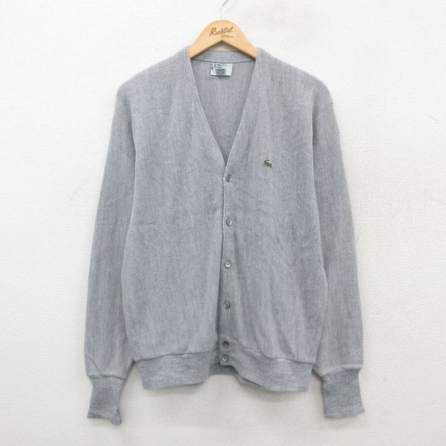 L★古着 ラコステ LACOSTE IZOD 長袖 ブランド ニット カーディガン メンズ 90年代 90s ワンポイントロゴ アクリル USA製 グレー 25oct22 中古 トップス