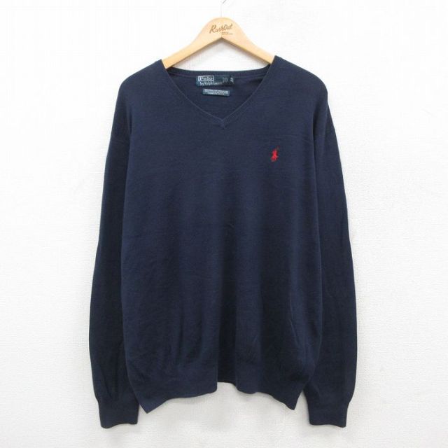 XL★古着 ラルフローレン Ralph Lauren 長袖 ブランド セーター メンズ 90年代 90s ワンポイントロゴ 大きいサイズ コットン Vネック 紺 ネイビー 【spe】 25oct22 中古 ニット トップス