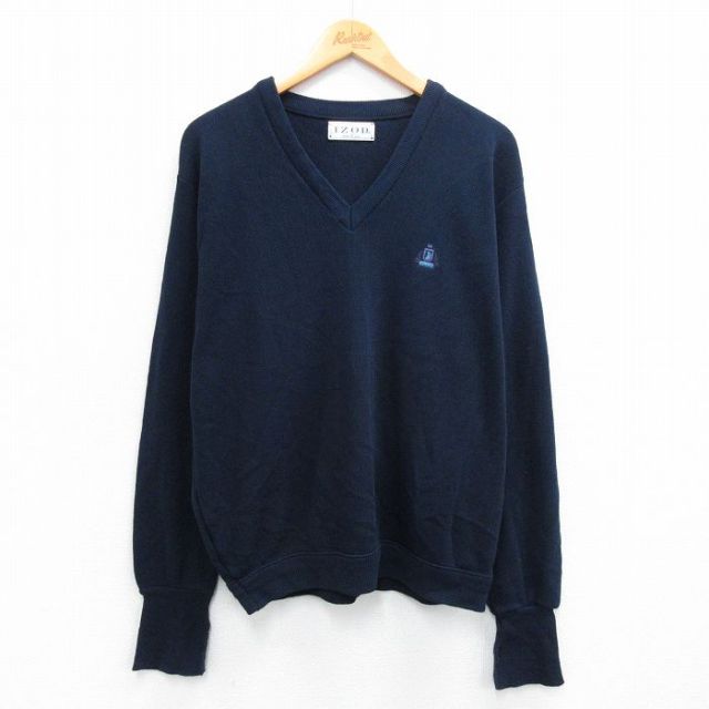 L★古着 IZOD 長袖 セーター メンズ 90年代 90s ワンポイントロゴ アクリル Vネック USA製 紺 ネイビー 25oct22 中古 ニット トップス