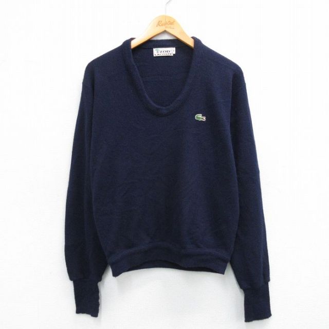 M★古着 ラコステ LACOSTE IZOD 長袖 ブランド セーター メンズ 80年代 80s ワンポイントロゴ アクリル Vネック 紺 ネイビー 25oct22 中古 ニット トップス