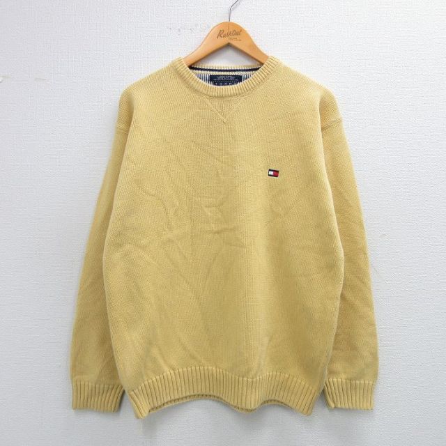 L★古着 トミーヒルフィガー TOMMY HILFIGER 長袖 ブランド セーター メンズ 90年代 90s ワンポイントロゴ コットン クルーネック 黄 イエロー 25oct22 中古 ニット トップス