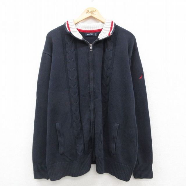 XL★古着 ノーティカ NAUTICA 長袖 ブランド ケーブル フルジップ ニット カーディガン メンズ 大きいサイズ コットン 濃紺 ネイビー 25oct23 中古 トップス