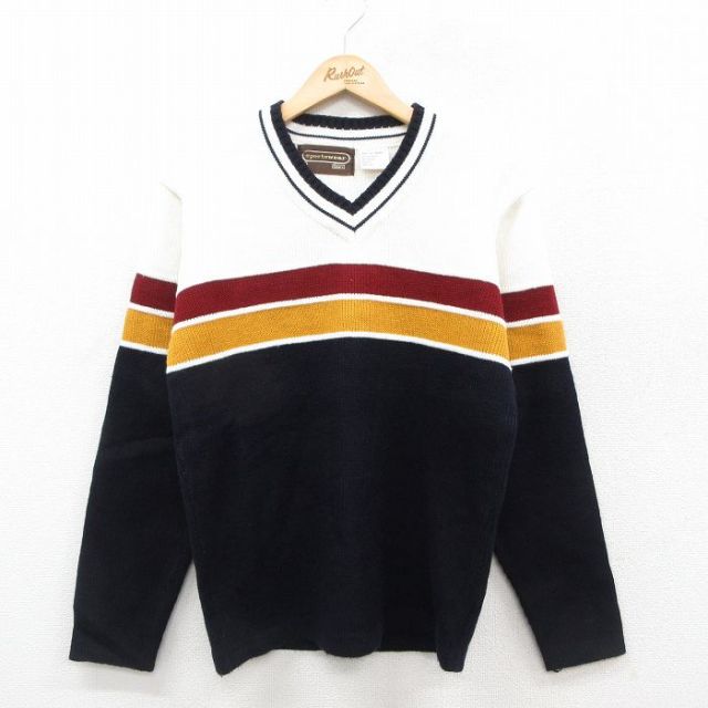 M★古着 シアーズ 長袖 セーター メンズ 80年代 80s アクリル Vネック 濃紺他 ネイビー 25oct23 中古 ニット トップス