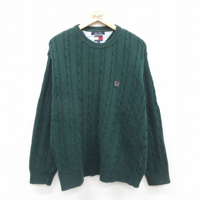 XL★古着 トミーヒルフィガー TOMMY HILFIGER 長袖 ブランド ケーブル セーター メンズ 90年代 90s ワンポイントロゴ コットン クルーネック 緑 グリーン 【spe】 25oct23 中古 ニット トップス